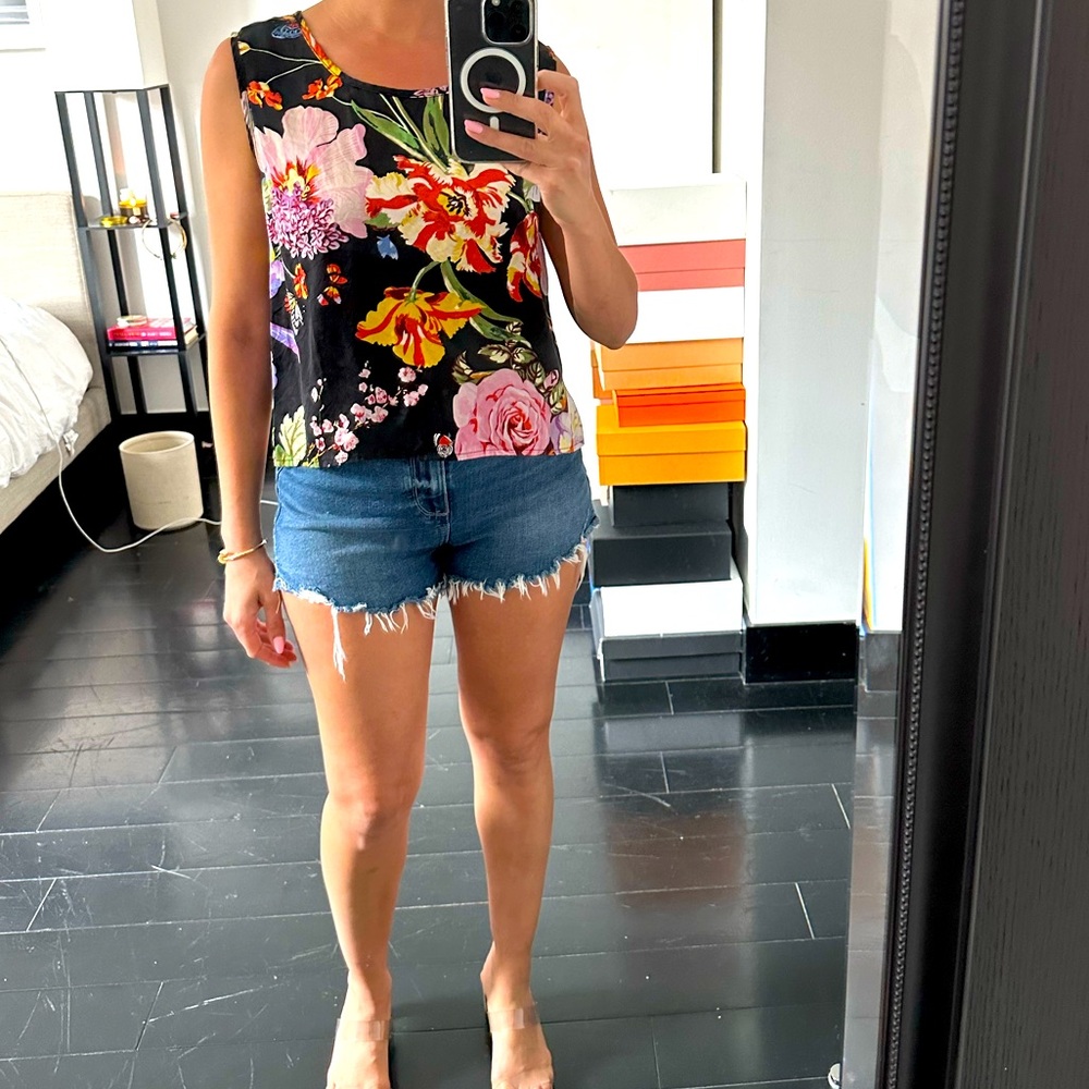 Black silk top with floral pattern